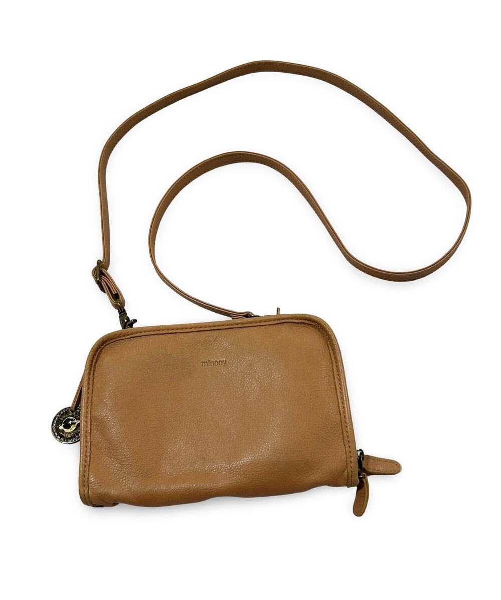 Minooy The Bali Three Layer Leather Crossbody Bag In Caramel Brown